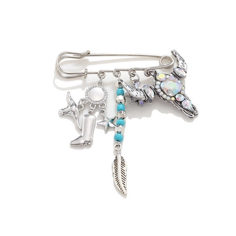 Western Cowboy Bull Head Boot Feather Multi-Pendant Brooch Zinc Alloy Electroplated Rhinestone Fashion Jewelry For Women