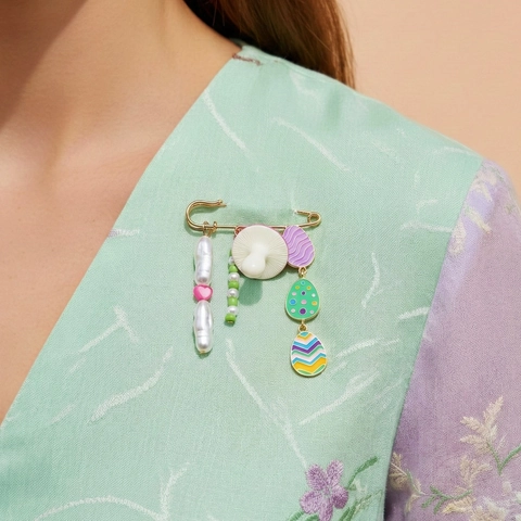 Spilla a Forma di Fungo e Uovo di Pasqua con Perle Barocche Imitazione per Donna Smalto Cuore Lega di Zinco Gioielli Vintage