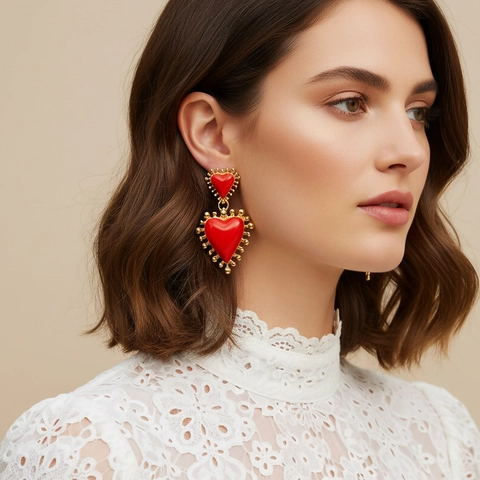 Doppelherz-Ohrhänger Für Damen Zinklegierung Emaille Retro-Sonnenstrahl-Stil Mit Edelstahl-Ohrstecker
