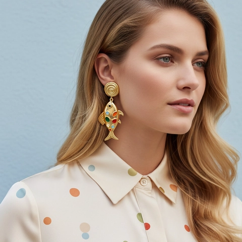 Boucles D-oreilles Pendantes Poisson Email Colore Tachete Alliage De Zinc Avec Tige En Acier Inoxydable Bijoux Longs Pour Femmes