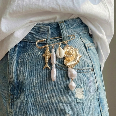 Spilla A Balia Tema Oceano Retrò Con Ciondoli Conchiglia Pesce E Perla Artificial Barocca In Lega Per Donna Artistica Decorativa