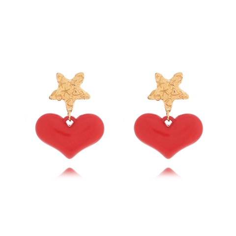 Alloy Glossy Resin Enamel Drop Earrings With Stainless Steel Earring Post Star And Red Heart Dangle Retro Trendy Women