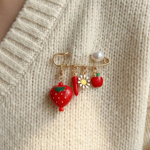 Cute Fruit Flower Safety Pin Brooch Enamel Alloy Charms With Imitation Artificial Pearl Pastoral Style Decorative Pin For Clothing