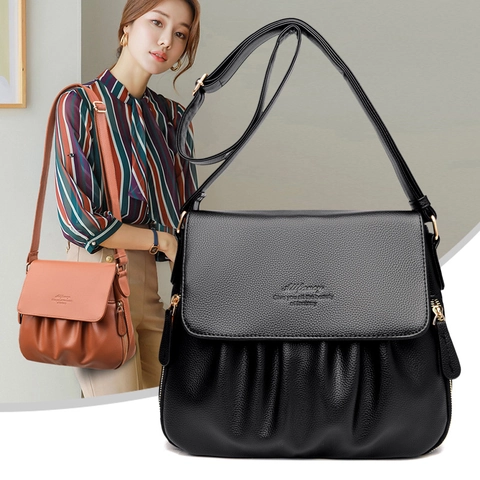 Dames Crossbody Tas Lychee Textuur PU Leer Geplooid Ruched Klep Schoudertas Grote Capaciteit Casual Urbane Stijl Elegant