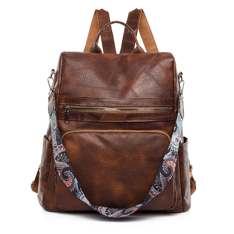 Sac À Dos Vintage Pour Femmes Cuir PU Antivol Sac De Commute Quotidien À La Mode Avec Sangle Imprimée Style Bohème