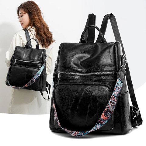 Sac À Dos Vintage Pour Femmes Cuir PU Antivol Sac De Commute Quotidien À La Mode Avec Sangle Imprimée Style Bohème