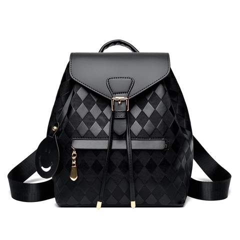 Sac à Dos Mode Femme Motif Losange Cuir PU Pied-de-Poule Grande Capacité Vintage Sac de Jour Décontracté Pendentif Sourire