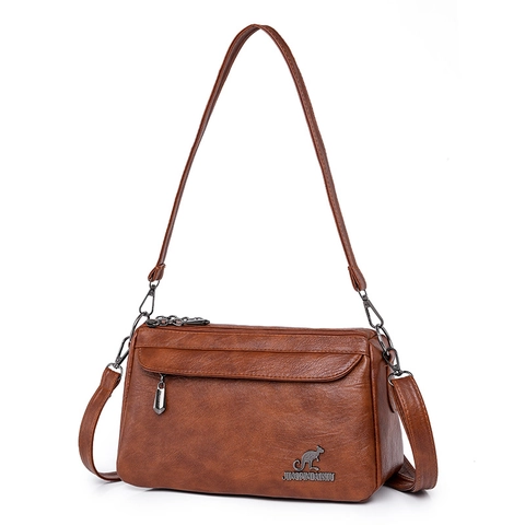 Vintage Textured PU Leather Shoulder Bag For Women Multiple Zippers Large Capacity Crossbody Handbag With Adjustable Strap