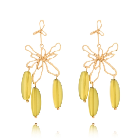 Hollow Flower Drop Earrings Alloy With Translucent Resin Beads And Stainless Steel Earring Post Retro Dangle Jewelry