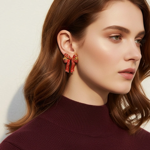 Bowtie Stud Earrings With Enamel Rhinestone And Stainless Steel Earring Post Elegant Vintage Jewelry For Women