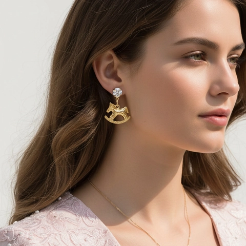 Rocking Horse Drop Earrings Alloy Gold Plated Hammered Texture With Rhinestone And Stainless Steel Earring Post Cute Exquisite