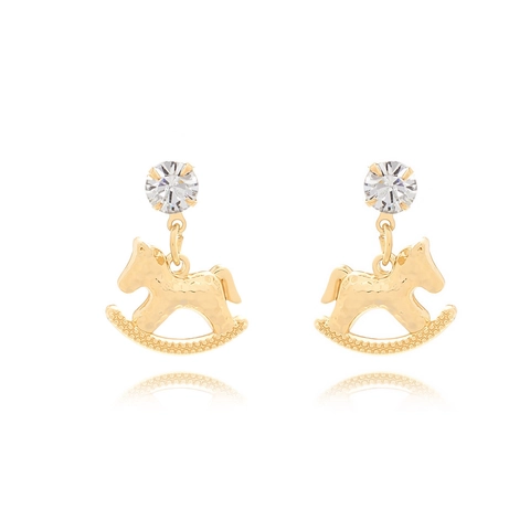Rocking Horse Drop Earrings Alloy Gold Plated Hammered Texture With Rhinestone And Stainless Steel Earring Post Cute Exquisite