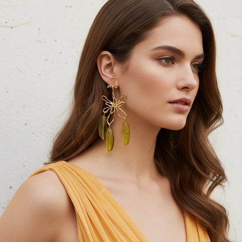 Hollow Flower Drop Earrings Alloy With Translucent Resin Beads And Stainless Steel Earring Post Retro Dangle Jewelry