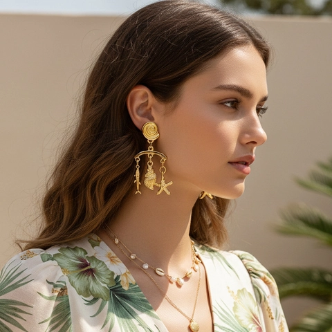 Boucles D'oreilles Pendantes Thème Océan Alliage Zinc Coquillage Poisson Étoile De Mer Avec Tige Acier Inoxydable Chic