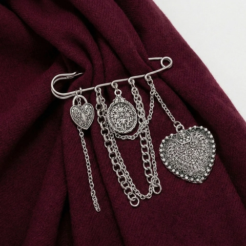 Spilla In Lega Argento Retrò Con Pendente A Cuore Catene Multistrato Nappa Stile Punk Gotico