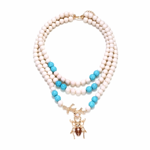 Bohemian Multi-layer Beaded Necklace For Women Vintage Zinc Alloy Beetle Insect Pendant Faux Turquoise Resin Beads Statement