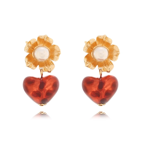 Flower Heart Dangle Earrings Alloy Faux Artificial Pearl Red Leopard Pattern Resin Drop Stainless Steel Earring Post Retro Style