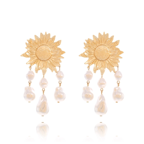 Sunflower Dangle Earrings With Baroque Imitation Artificial Pearl Zinc Alloy And Stainless Steel Earring Post Retro Elegant Flower