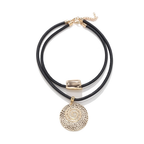 Double Layer PU Leather Cord Necklace Alloy Round Disc Pendant Spiral Hammered Boho Jewelry For Women