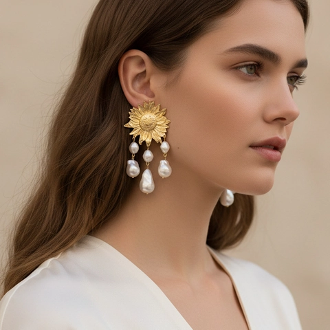 Sunflower Dangle Earrings With Baroque Imitation Artificial Pearl Zinc Alloy And Stainless Steel Earring Post Retro Elegant Flower