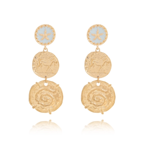 Vintage Bohemian Drop Earrings Alloy With Stainless Steel Earring Post Hammered Texture Starfish Horse Coin Relief