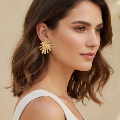 Vintage Legierung Feuerwerk Ohrstecker Für Damen Leicht Luxus Radiale Blume Strukturierte Metall Schmuck Gold Silber
