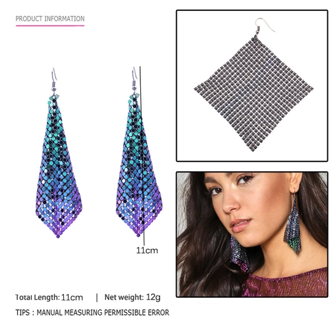 Metal Sequin Mesh Tassel Drop Earrings Long Iridescent Geometric Triangle Paillette Dangle Earrings For Women