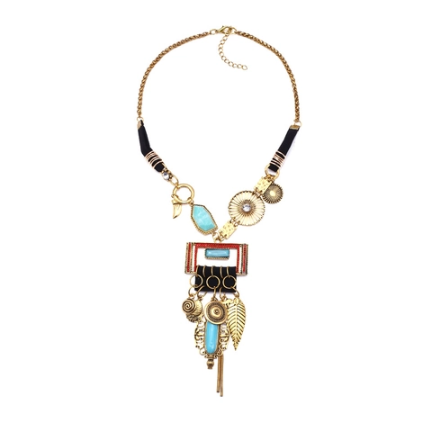 Collana Lunga Con Ciondolo Bohemien Etnica Lega Turchese Sintetico Statement Vintage Nappa Piuma Catena Da Maglione