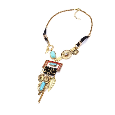 Collana Lunga Con Ciondolo Bohemien Etnica Lega Turchese Sintetico Statement Vintage Nappa Piuma Catena Da Maglione