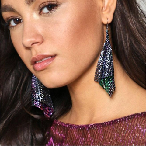 Metal Sequin Mesh Tassel Drop Earrings Long Iridescent Geometric Triangle Paillette Dangle Earrings For Women