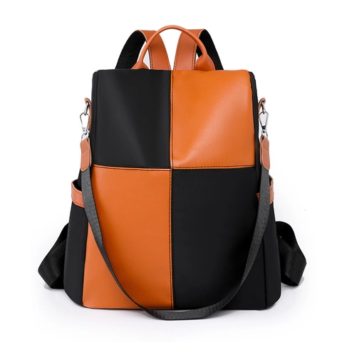 Mochila Para Mujer Moda Bloques De Color Multifuncional Cuero PU Nailon Resistente Al Agua Antirrobo Gran Capacidad Viaje