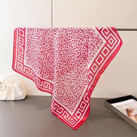 Leopard Print Square Scarf Satin Polyester Satin Like Neck Headscarf Elegant Greek Key Border Fashion Accessory Women