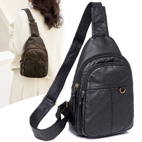 Vintage Gewassen PU Leren Borsttas Dames Multi Pocket Retro Gerimpelde Crossbody Heuptas