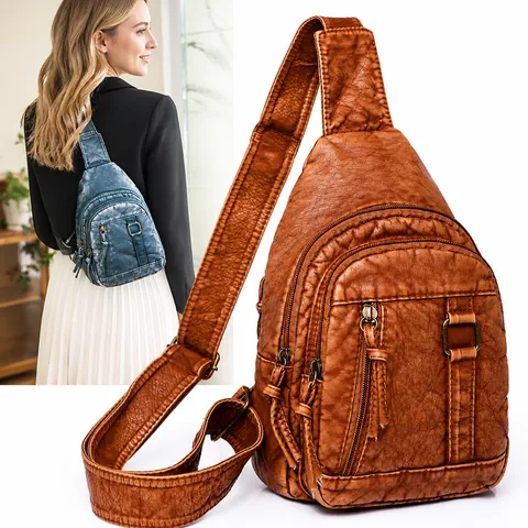 Vintage Gewassen PU Leer Borsttas Voor Vrouwen Multi Rits Crossbody Schoudertas Retro Effen Kleur Casual Dagelijks Reizen Opbergtas