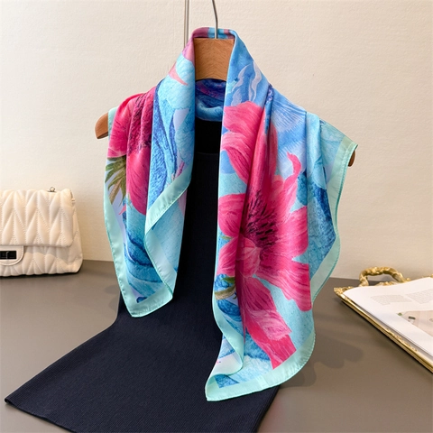 Floral Print Square Scarf Satin Faux Satin Elegant Sunflower Pattern For Women Commuting Office Hair Tie Neck Wrap Chic