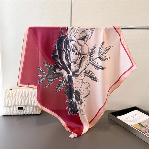 Elegant Rose Printed Satin Square Scarf Floral Silky Neck Scarf For Women Fashion Bandana Headscarf Versatile Chic Shawl Accessory