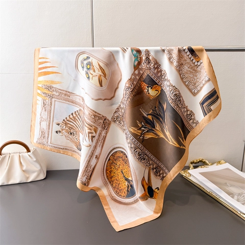 Retro Print Quadratischer Schal Polyester Satin Tier Blumenmuster Eleganter Kopf Hals Schal Für Damen Chic Vielseitig