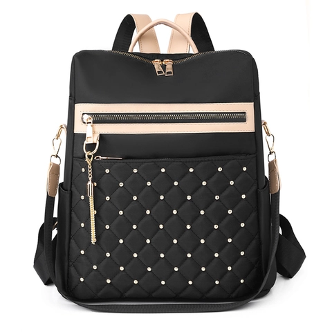 Mochila De Moda Mujer Patrón Diamante Acolchado Nailon Gran Capacidad Remaches Dorados Borla Urbano Chic Bolso