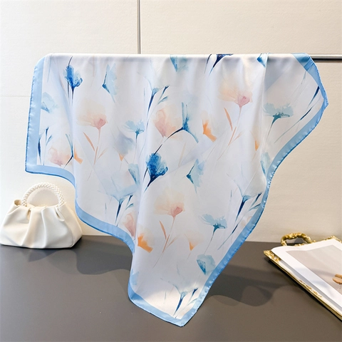 Elegant Floral Print Square Neck Scarf Satin Polyester Satiny Versatile Chic Water Ink Style Headwrap For Women
