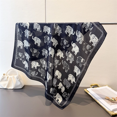 Women Satin Like Square Scarf Retro Elephant Print Chain Border Neck Head Wrap Fashion Accessories