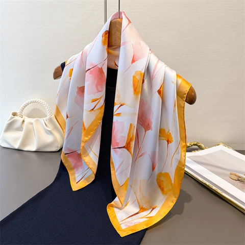 Elegant Floral Print Square Neck Scarf Satin Polyester Satiny Versatile Chic Water Ink Style Headwrap For Women