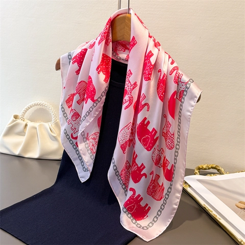 Women Satin Like Square Scarf Retro Elephant Print Chain Border Neck Head Wrap Fashion Accessories