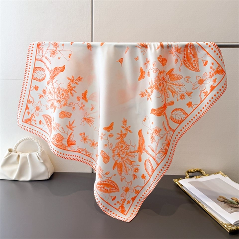 Elegant Square Scarf For Women Floral Bird Print Polyester Satin French Retro Style Shawl Headscarf Versatile Accessory