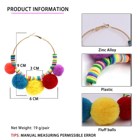 Bohemian Bunte Pom-Pon Creolen Ethnische Plüschball Fimo Perlen Exotische Urlaubs Accessoires Für Damen