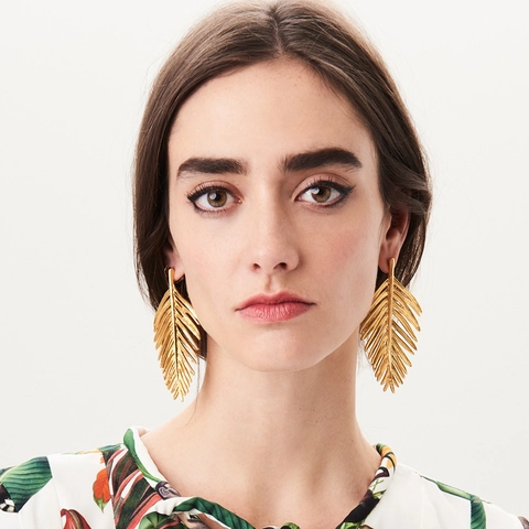 Zinc Alloy Leaf Drop Earrings Textured Palm Feather Stud Statement Jewelry For Women