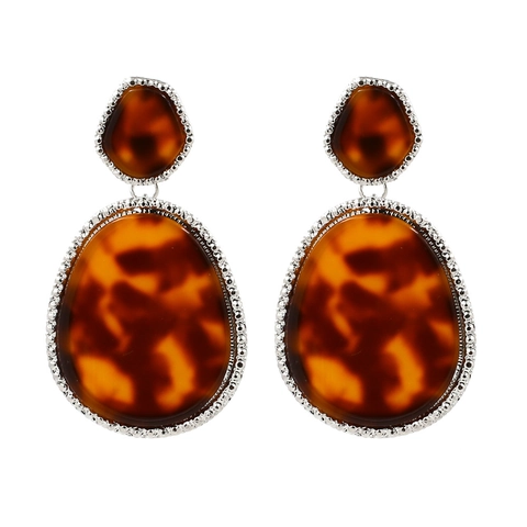 Retro Geometric Drop Earrings With Beaded Silver Alloy Border Colorful Acrylic Resin Tortoise Shell Pattern Jewelry For Women