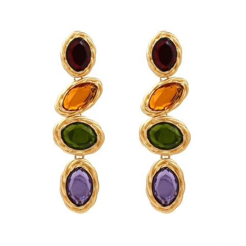 Vintage Geometric Dangle Earrings Multicolor Glass Crystal Alloy Gold Plated Rope Texture Long Drop Jewelry For Women