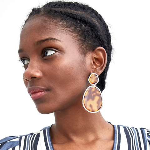 Retro Geometric Drop Earrings With Beaded Silver Alloy Border Colorful Acrylic Resin Tortoise Shell Pattern Jewelry For Women