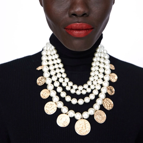 Multi Layered Imitation Artificial Pearl Necklace With Vintage Gold Coin Pendants Retro Statement Jewelry For Women