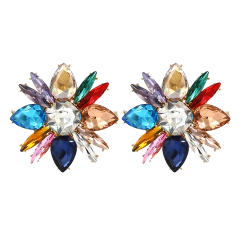 Colorful Crystal Flower Stud Earrings Alloy Rhinestone Bohemian Luxury Oversized Floral Ear Jewelry For Women Fashion